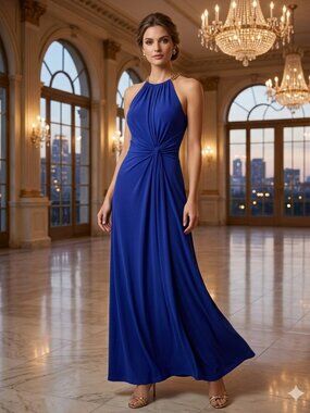 NWT Calvin Klein Size 8 Royal Blue w/Chain Twist Knot Maxi Gown MSRP $134
